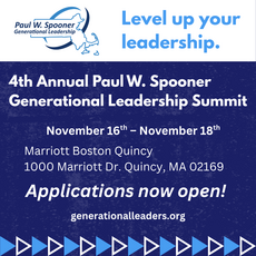 Graphic announcing that applications are now open for the Generational Leadership Summit hosted by the Massachusetts Developmental Disabilities Council. The summit will take place November 16–18, 2026, at the Marriott Boston Quincy in Quincy, Massachusetts. Includes link to event website: generationalleaders.org