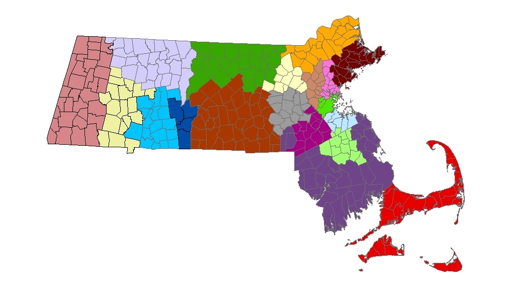 Map showing regions delineated: Berkshire County, Franklin County, western Hampden & Hampshire Counties, Pioneer Valley, North Central, Quaboag Valley (western part of Central MA), Central MA, Acton area, Merrimack Valley, North Shore, MetroWest, Brockton Area, Southeastern Mass, Neponset Valley (Dedham area), Cape and Islands, Blue Hills (Quincy area), Boston Core, Boston North, Western suburbs of Boston