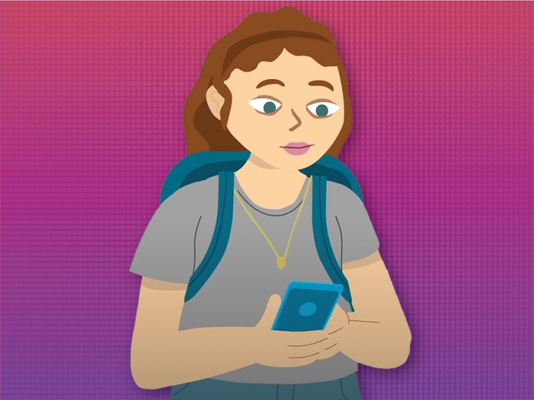 An illustration of a young person looking at a smart phone.