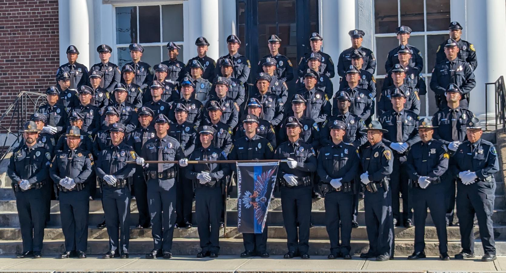 Student Officers and Staff Instructors from the MPTC Randolph Academy gathered at Norwood High School for the 18th Recruit Officer Class Graduation Ceremony. 