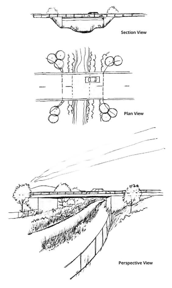 Section view, plan view, and perspective views of an extended bridge.