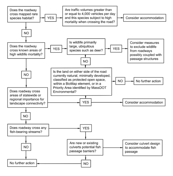 Flowchart explaining different wildlife accommodation requirement scenarios based on factors such as types of species affected, traffic volumes, and surrounding land context.