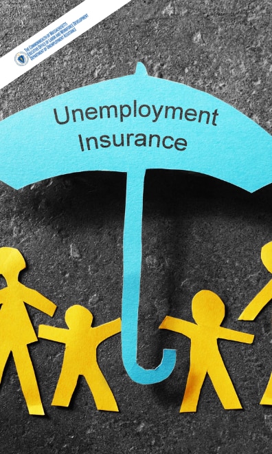 Unemployment Insurance Umbrella with four Yellow Stick Figures